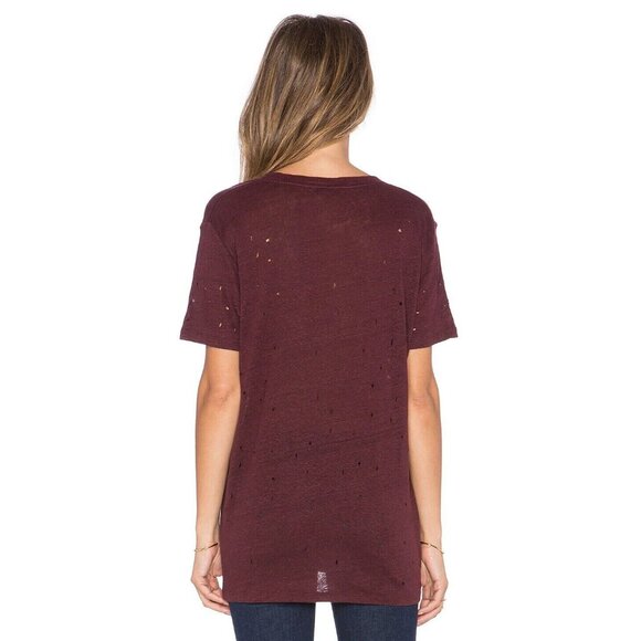 IRO Clay Burgundy 100% Linen Jersey Distressed Holes Crew Neck T-Shirt, Size S - Picture 3 of 13